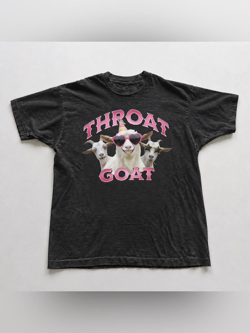 Black Graphic Tee with Pink 'Throat Goat' Print